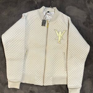 White Quilted Jacket with Gold lion Logo 100% Leather
Ivory color